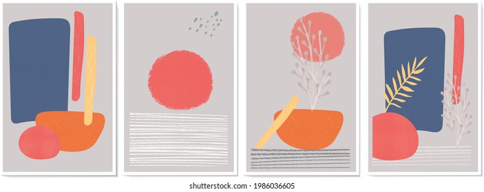 Set of abstract backgrounds, patterns. Boho posters. Hand drawn various shapes and doodle objects. Minimal Design, Vector illustrations.
