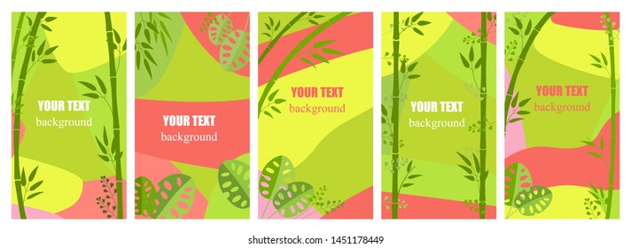 Set of abstract backgrounds in pink and green with space for text. Design of banner, poster, advertising content in networks,  social media promotional. Tropical leaves, jungle, bamboo stalks
