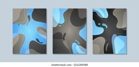 Set of abstract backgrounds in retro style. memphis style. Black white and blue halftone gradients. Geometric shapes with liquid shapes. Cool poster design. EPS 10 vector.