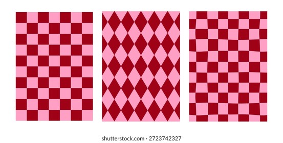 Conjunto de planos de fundo abstratos com losango e tabuleiro de xadrez. Verificações psicodélicas vetoriais e texturas em estilo argilo. Modelos de mídias sociais na estética do y2k. Cartazes retrô nostálgicos