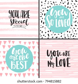 Set with abstract backgrounds and romantic inscriptions for Valentine's Day and others. Collection of romantic greeting cards in vector.