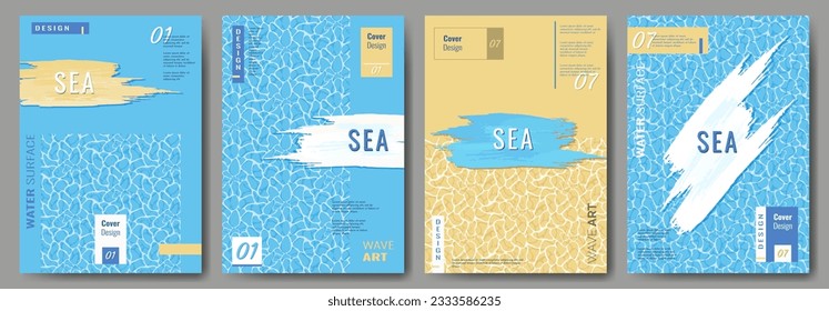 Set of abstract backgrounds. Sea waves, blue background. Ripples on water, surface of water, ocean, sea. Cover mockup for poster, flyer, banner, background, brochure.