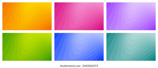 Set of abstract backgrounds with sharp wavy lines and gradient transition, dynamic fluid shape. Orange, green, pink, blue and purple card templates.