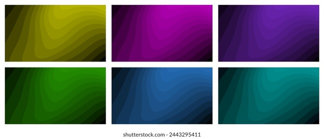 Set of abstract backgrounds with sharp wavy lines and gradient transition, dynamic fluid shape. Black, yellow, green, pink, blue and purple card templates.