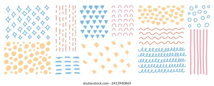 Set of abstract backgrounds and sketch dots textures. Hand drawn doodle bright textures with lines, stars, dots, triangles, and circles. Cute vector illustration. Blue, yellow, and pink colors. 