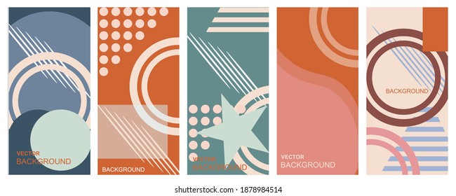 Set of abstract backgrounds with social media stories wallpape, leaves and plants - bright bright banners in red and blue colors, posters, packaging cover design templates.
