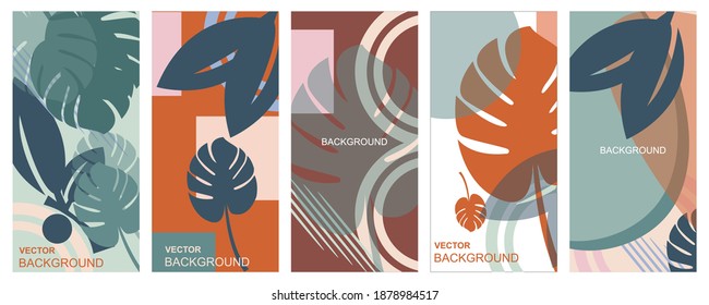 Set of abstract backgrounds with social media stories wallpape, leaves and plants - bright bright banners in red and blue colors, posters, packaging cover design templates.