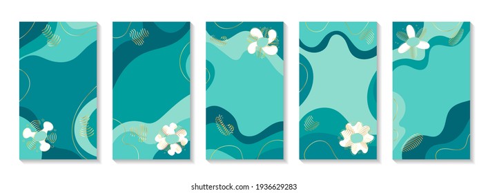 Conjunto de antecedentes abstractos para las plantillas de historias de medios sociales. El doodle tiene formas contemporáneas. Los colores azul y dorado. Ilustración vectorial.