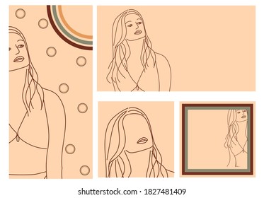 Set of abstract backgrounds for social networks.
Contour abstract girl with colorful circles in different frames for the cards, avatars.