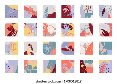 Set of abstract backgrounds. Square icons, templates highlight cover for account, posts, stories in social media. Doodle floral elements with spots, dots, lines. Isolated on white vector illustration