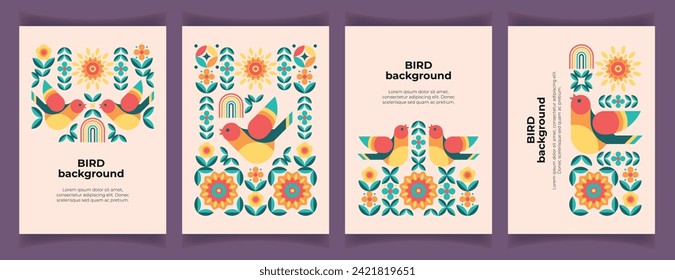 Set of abstract backgrounds with stylised bird, flowers, sun, rainbow. Cutel geometric pattern with bird and nature symbols in scandinavian style. Nostalgic romantic greeting or thank you card