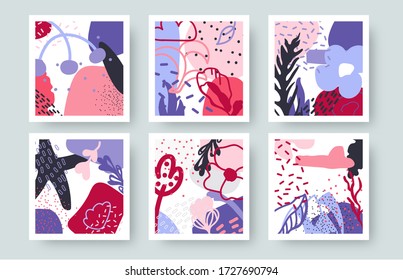 Set of abstract backgrounds. Template backdrop, creative modern art. Hand drawn different shapes and textures. Contemporary doodle floral elements with spots, dots, lines. Isolated vector illustration