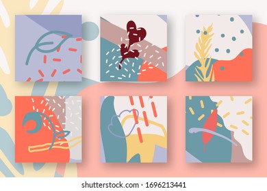 Set of abstract backgrounds. Templates backdrop creative modern art. Hand drawn different shapes and textures. Contemporary doodle floral elements with spots, dots, lines. Isolated vector illustration