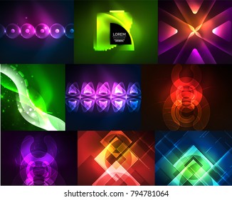 Set of abstract backgrounds templates. Neon geometric shapes - triangles and waves, modern backgrounds