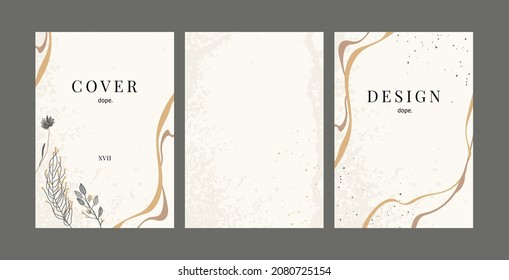 Set of abstract backgrounds, templates in trendy earthy colors. Modern design with linear floral illustrations, golden lines and abstract shapes with texture. Covered under mask, easy to use.