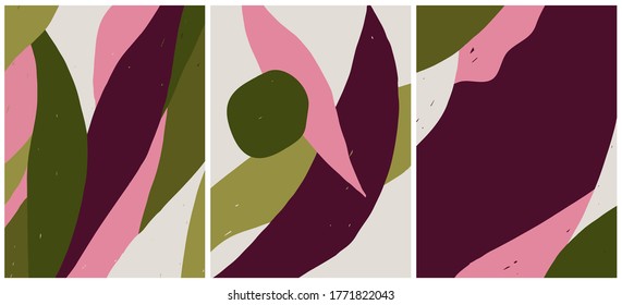 Set of abstract backgrounds in trendy colors. Colorful banners with geometric shapes, paint texture. Modern poster in grunge style. Art for social media stories, packaging, fabric. Vector illustration