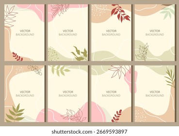 Set of abstract backgrounds with twigs. Vector for flyers, postcards, design, social media.

