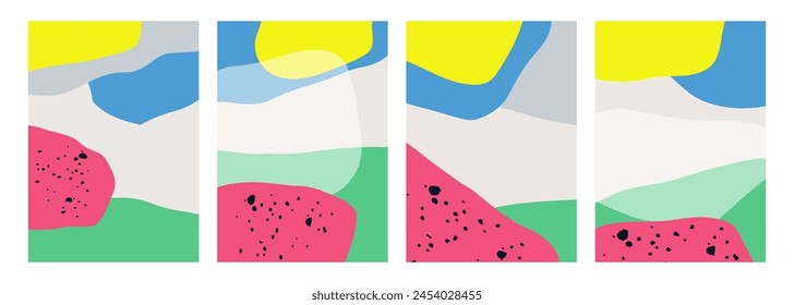 Set of abstract backgrounds with various color hand drawn dynamic shapes and black curved lines for creative graphic design. Vector illustration.