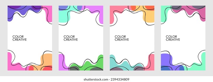 Set of abstract backgrounds with various curved color shapes and black wavy lines for creative graphic design. Vector illustration.
