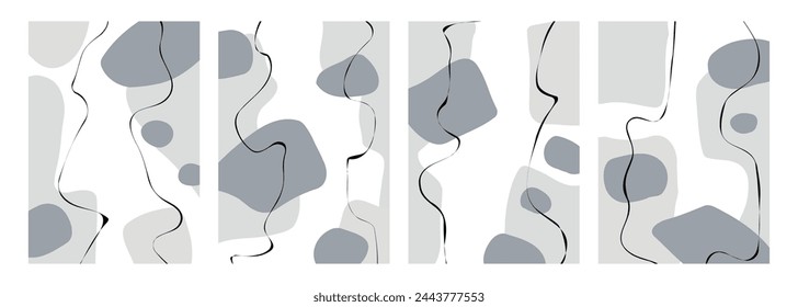 Set of abstract backgrounds with various curved grey colored shapes and black lines for creative graphic design. Vector illustration.