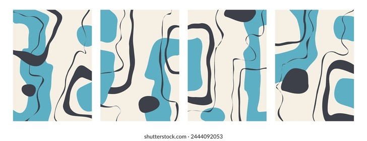 Set of abstract backgrounds with various curved black and blue colored shapes and lines for creative graphic design. Vector illustration.