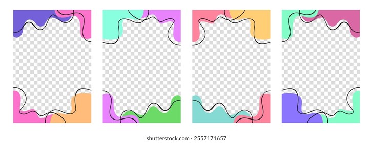 Set of abstract backgrounds with various curved color shapes and black wavy lines for creative graphic design. Transparent background. Vector illustration.