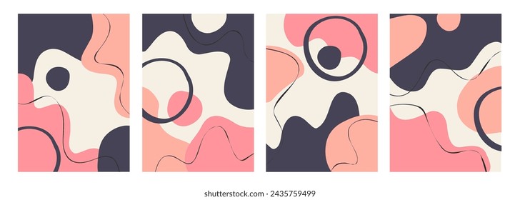 Set of abstract backgrounds with various hand drawn dynamic shapes and black wavy lines for creative graphic design. Vector illustration.