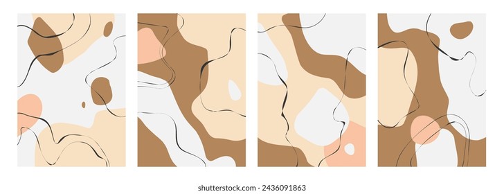 Set of abstract backgrounds with various hand drawn dynamic shapes and black wavy lines for creative graphic design. Vector illustration.