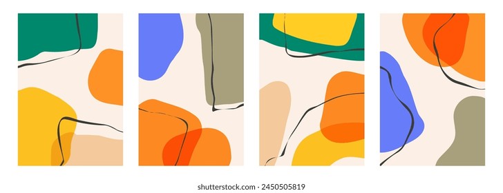 Set of abstract backgrounds with various hand drawn dynamic shapes and black curved lines for creative graphic design. Vector illustration.