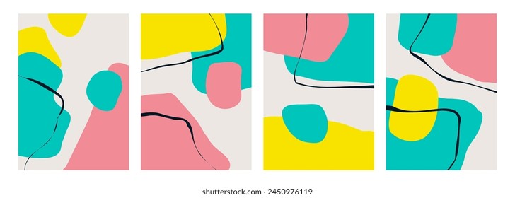 Set of abstract backgrounds with various hand drawn dynamic shapes and black curved lines for creative graphic design. Vector illustration.
