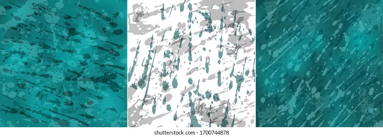 Set of abstract backgrounds with water drops. Drops of rain fall from different angles. Turquoise background. Vector. Eps 10.