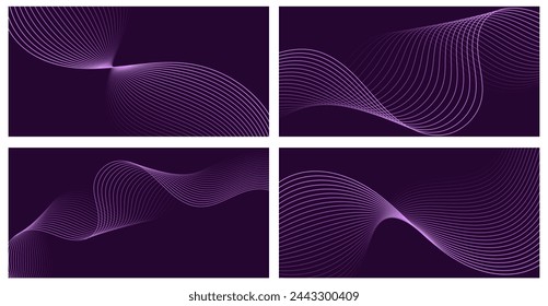 Set of abstract backgrounds with waves for banner. Medium banner size. Vector background with lines. Element for design isolated on dark purple. Purple color. Ocean, night. Brochure, booklet