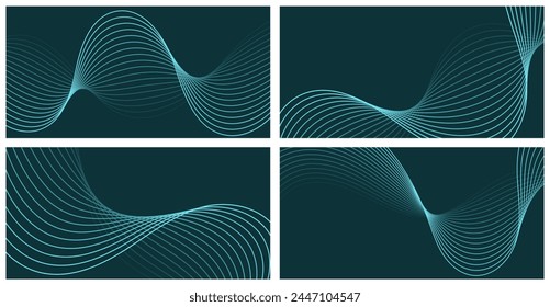 Set of abstract backgrounds with waves for banner. Medium banner size. Vector background with lines. Element for design isolated on peacock blue. Blue color. Ocean, night. Brochure, booklet