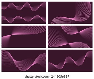 Set of abstract backgrounds with waves for banner. Medium banner size. Vector background with lines. Element for design isolated on dark pink. Pink color. Brochure, booklet