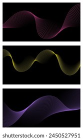 Conjunto de fondos abstractos con ondas para el Anuncio. Mediano tamaño de Anuncio. Fondo de Vector con líneas. Elemento para el diseño. Folleto. Negro, rosa, amarillo, púrpura