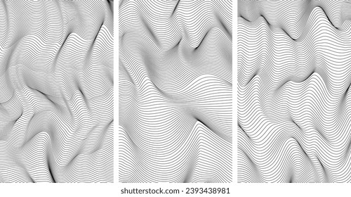 Set of abstract backgrounds with wavy lines. Wave of many lines.