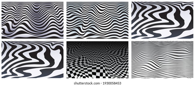 Conjunto de fondos abstractos, superficie ondulada a rayas con esferas decorativas. Ilustración del vector
