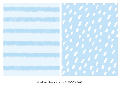 Set of Abstract Backgrounds. White Random Spots Isolated on a Blue Backdrop. Simple Horizontal Stripes on a Light Blue. Funny Geometric Layouts.