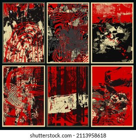Set of abstract backgrounds.Lines and stains.Spilled ink. Red black light grey.