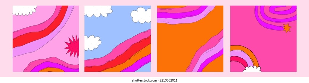 set of abstract backgrounds-psychedelic 1970 good vibes.Square 00s templates for social media.Text box funky 70s with cloud, stars, rainbow.Hippie  y2k frames.groovy wallpaper postcard with shapes