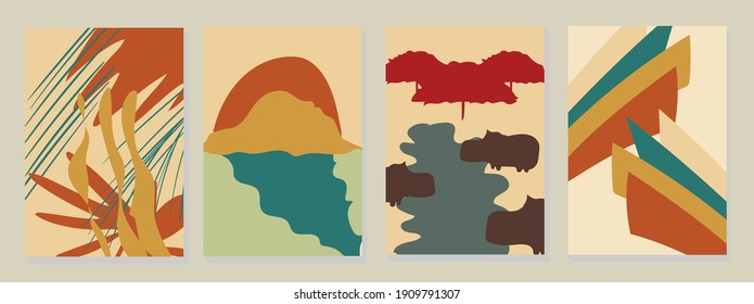 set of abstract backgrounds-style shrouds, Africa. Exotic leaves , sunrise over the tropics, drink hippos and colorful stripes tropical day.