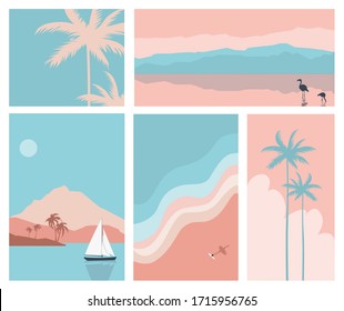 A set of abstract backgrounds.Summer landscape with mountain, sea, boat, Flamingo.Simple flat design.