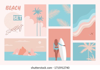 Eine Reihe abstrakter Hintergründe.Sommerlandschaft mit Bergen, Meer, Palmen und Surfer Mädchen.Einfaches Flachdesign.