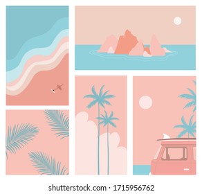 A set of abstract backgrounds.Summer landscape with mountains, sea, beach, palm trees.Simple flat design.