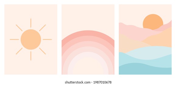 Set of abstract background.sun, rainbow, minimal landscape with mountains vector illustration.