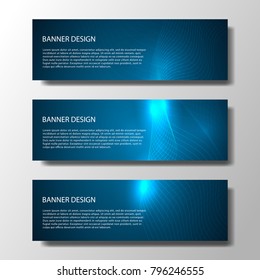 Set of abstract banner with a background of bright neon wavy lines in blue. Vector illustration.