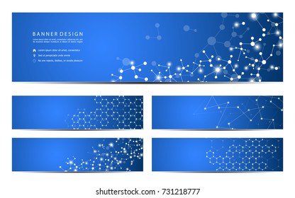 Set of abstract banner design, dna molecule structure background. Geometric graphics and connected lines with dots. Scientific and technological concept, vector illustration