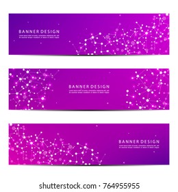Set of abstract banner design, dna molecule structure background. Geometric graphics and connected lines with dots. Scientific and technological concept, vector illustration.