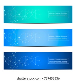 Set of abstract banner design, dna molecule structure background. Geometric graphics and connected lines with dots. Scientific and technological concept, vector illustration
