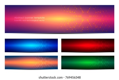 Set of abstract banner design, dna molecule structure background. Geometric graphics and connected lines with dots. Scientific and technological concept, vector illustration.